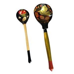 Vintage Russian Folk Art Khokhloma Spoons Wood Hand painted Lacquer Set of 2